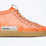 Men's ORIGINAL LC17 High-top Handpainted Orange Canvas with red stitiching and patchwork logo, shown from the side profile.