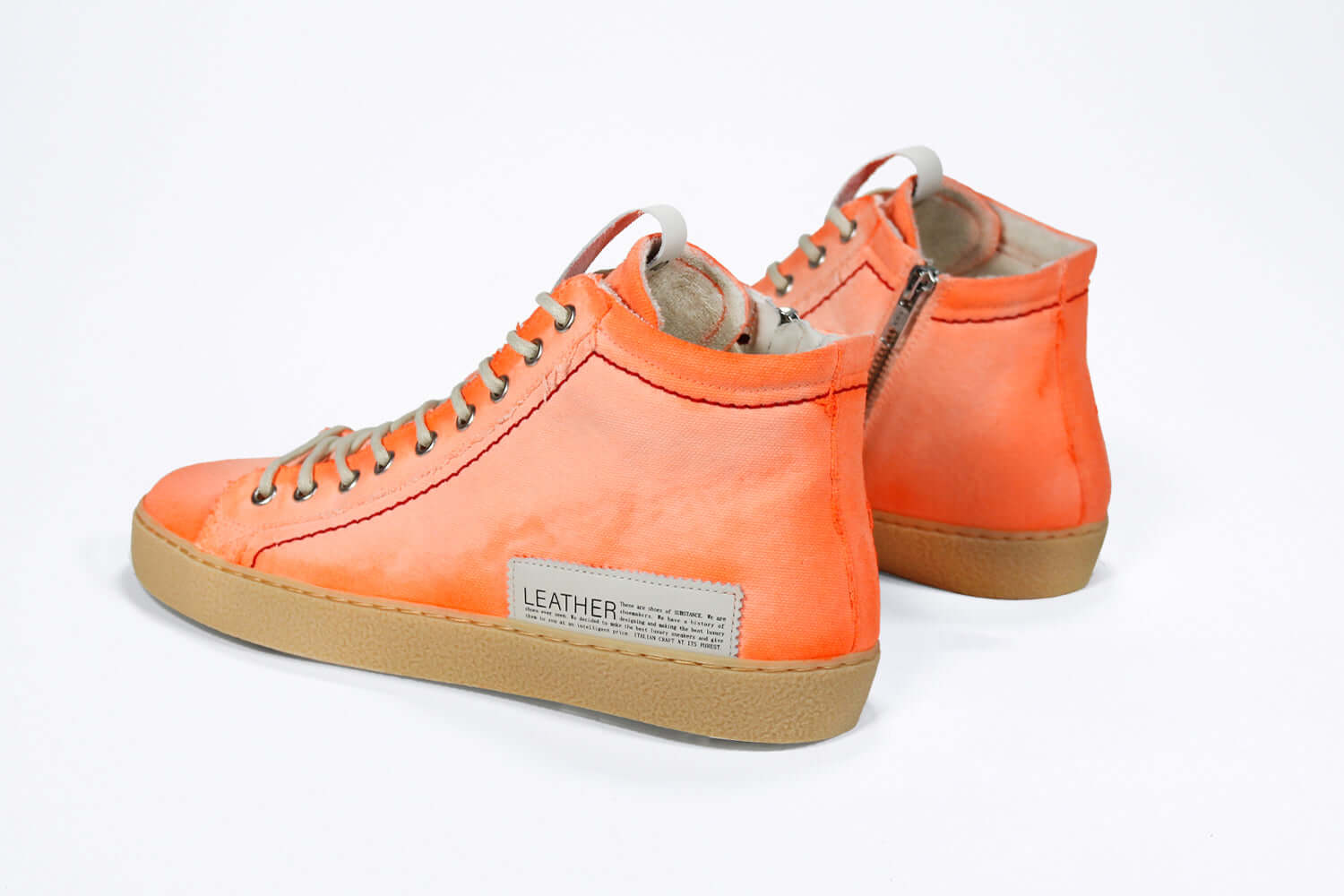 Men's ORIGINAL LC17 High-top Handpainted Orange Canvas offers a casual street-style, shown from the back.