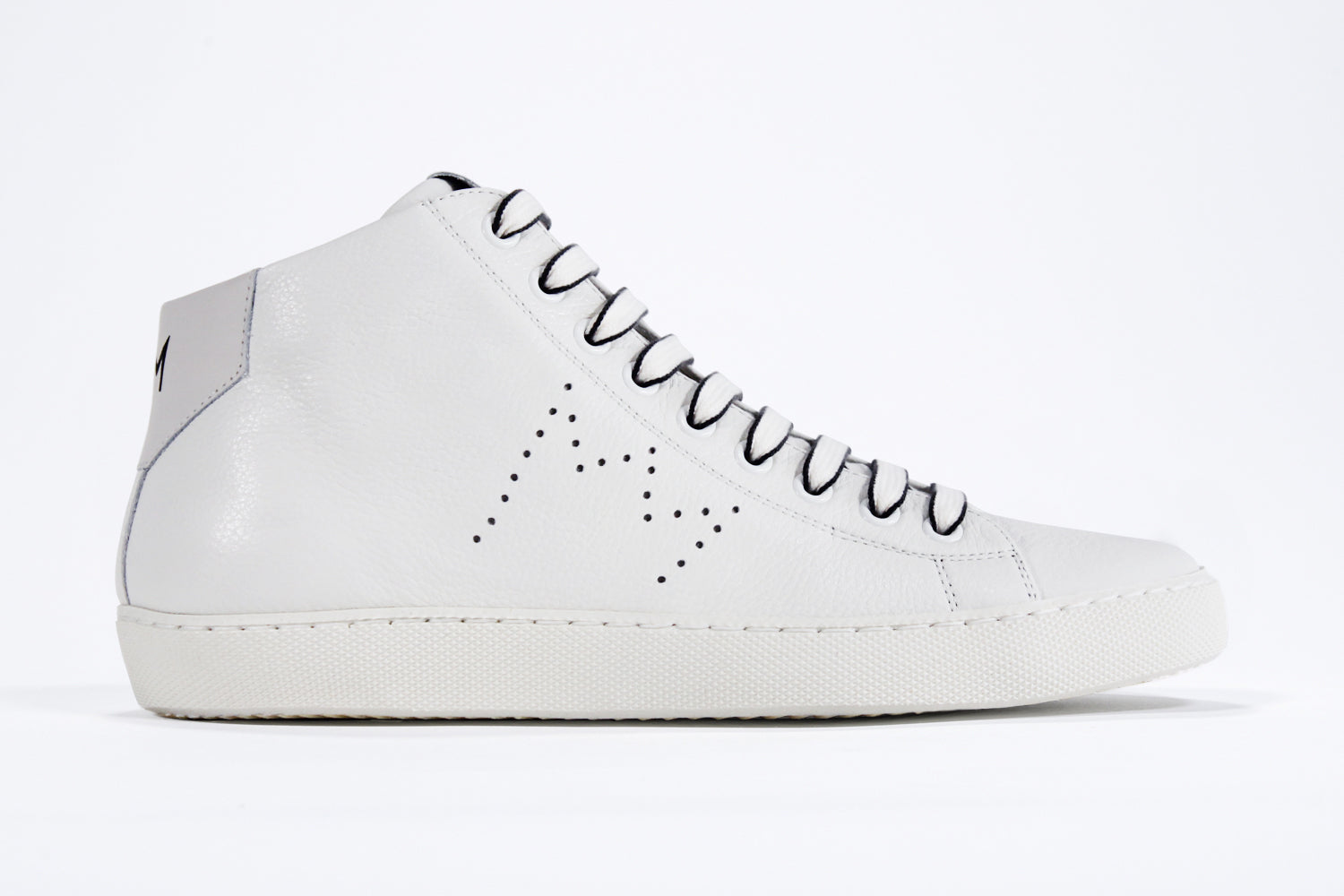 Side profile of mid top white sneaker with full leather upper with perforated crown logo and white sole.