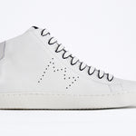 Side profile of mid top white sneaker with full leather upper with perforated crown logo and white sole.