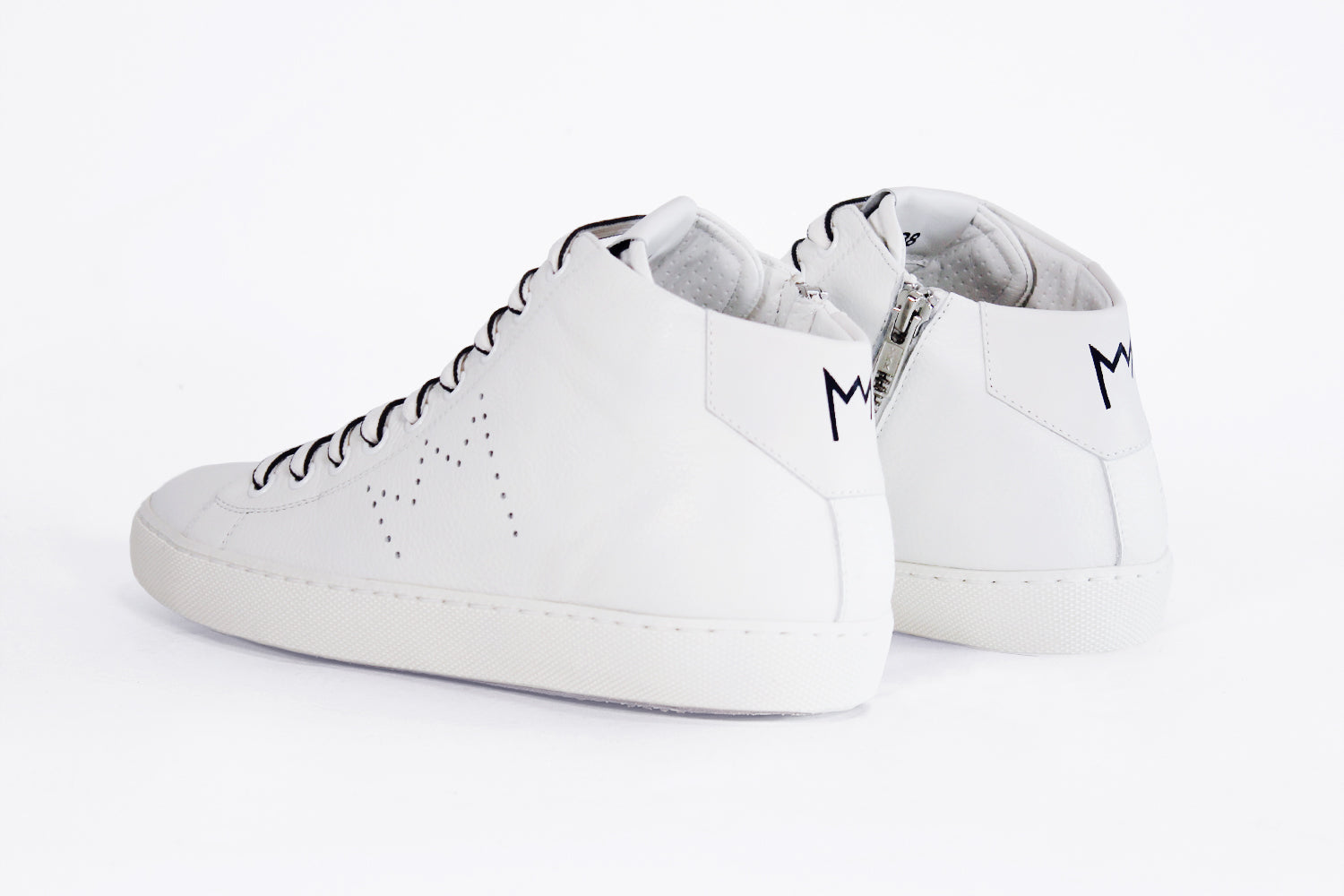 Back view of mid top white sneaker with full leather upper with perforated crown logo and white sole.