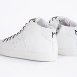 Back view of mid top white sneaker with full leather upper with perforated crown logo and white sole.