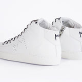 Back view of mid top white sneaker with full leather upper with perforated crown logo and white sole.
