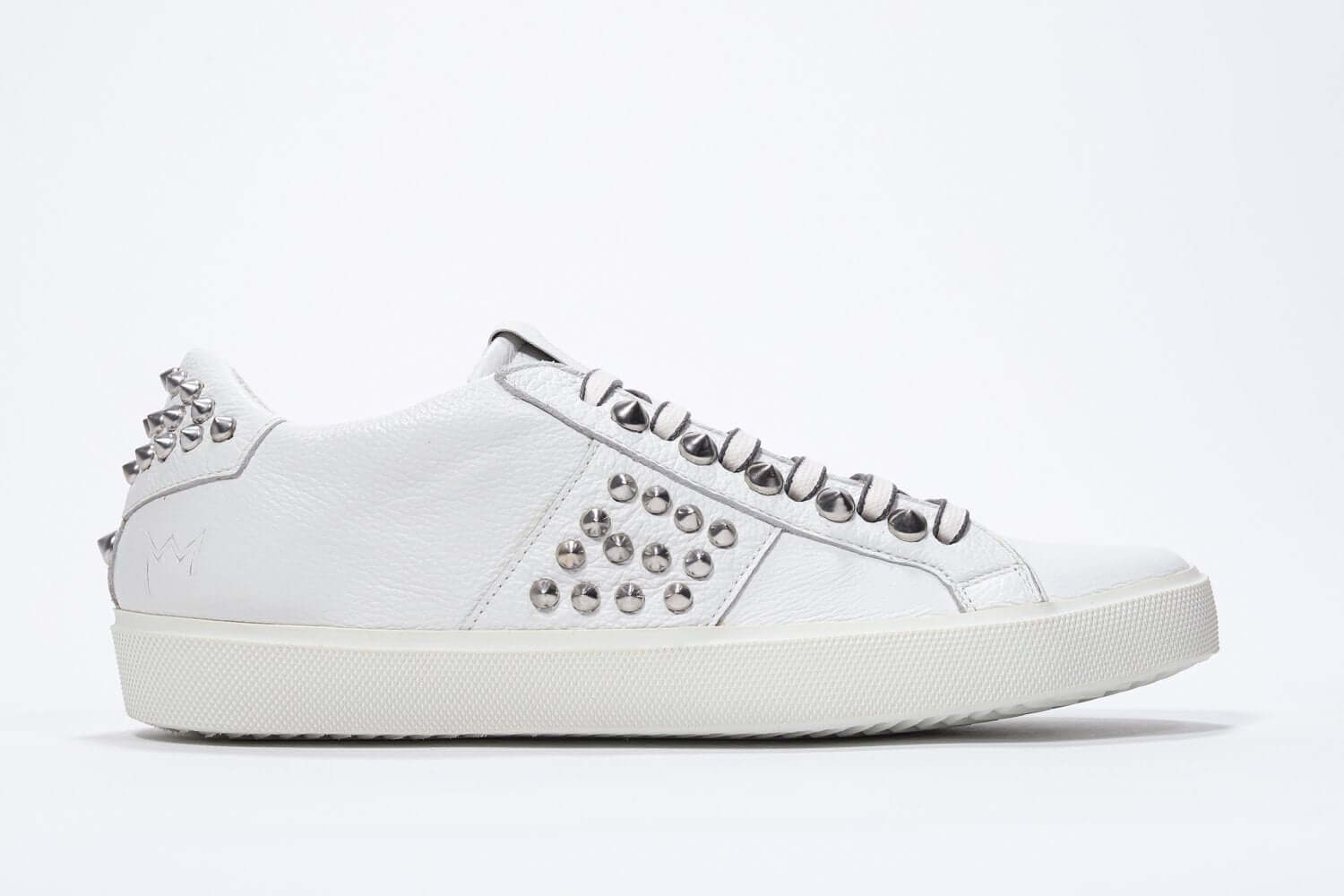 Women's Low-top STUDLIGHT in White Leather and Silver Studs sneakers on a white background. 